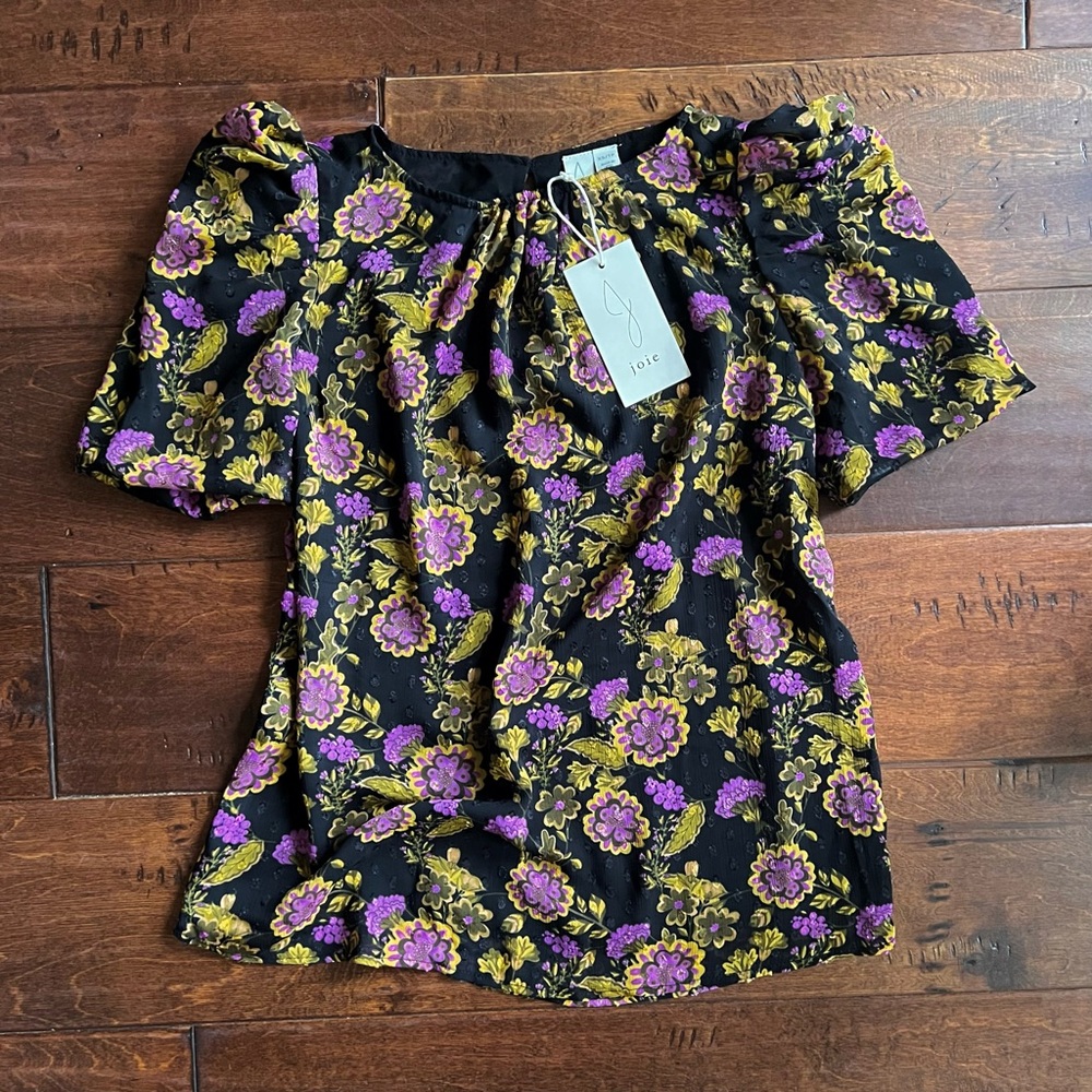 JOIE • NEW • Puff Sleeve Floral Blouse Black Gold Purple Shirt Top | XS